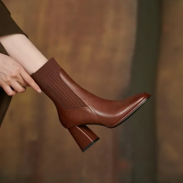Square Toe Vintage French Chunky Heel Women's New Brown Knitted Stretch Socks High Heel Ankle Boots Brown - Shop at LoveMi