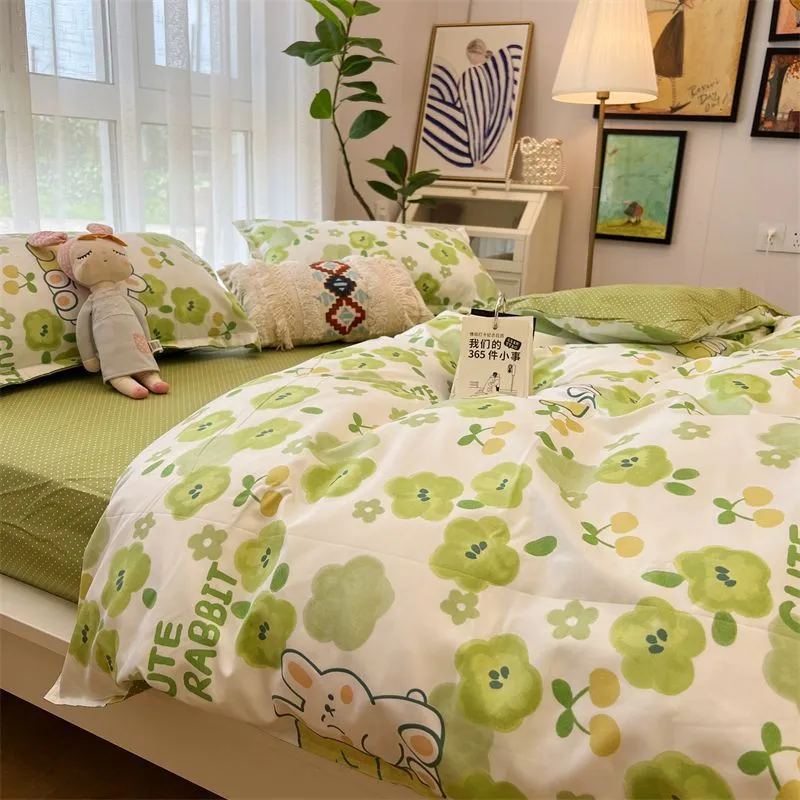 Washed Cotton Bed Sheet Quilt Cover Four-piece Set - Maui Wowee Green B