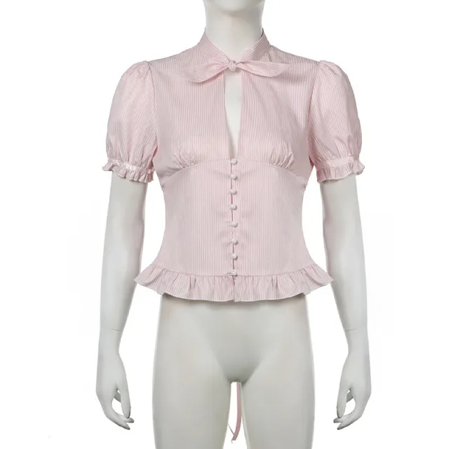 Chest flattering Button Flounce Short Sleeve Pink - Shop at LoveMi
