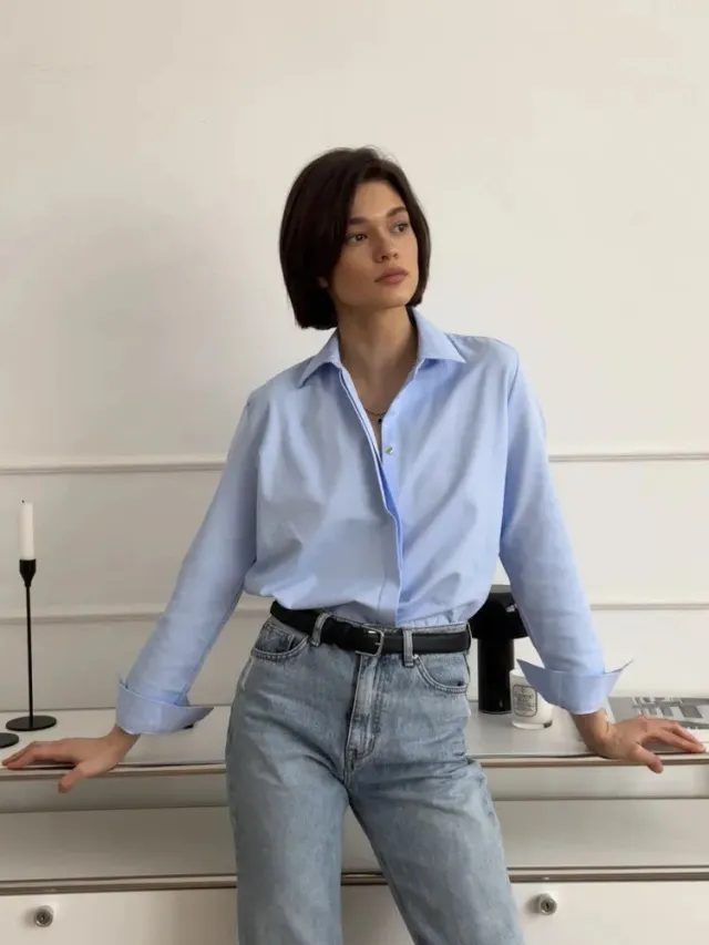 Foreign Trade Shirt Design Blouse Versatile Casual Long Sleeve Light Blue - Shop at LoveMi
