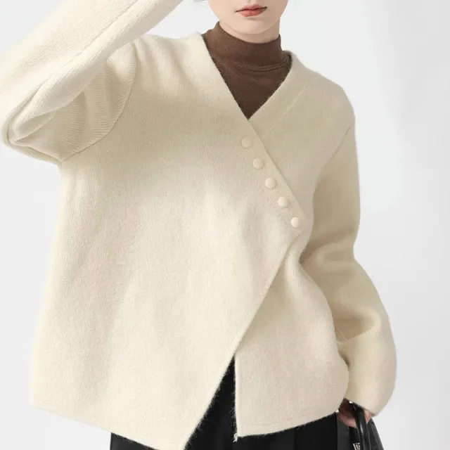 Irregular Diagonal Button Sweater Coat Female Loose Knitted Cardigan Apricot - Shop at LoveMi