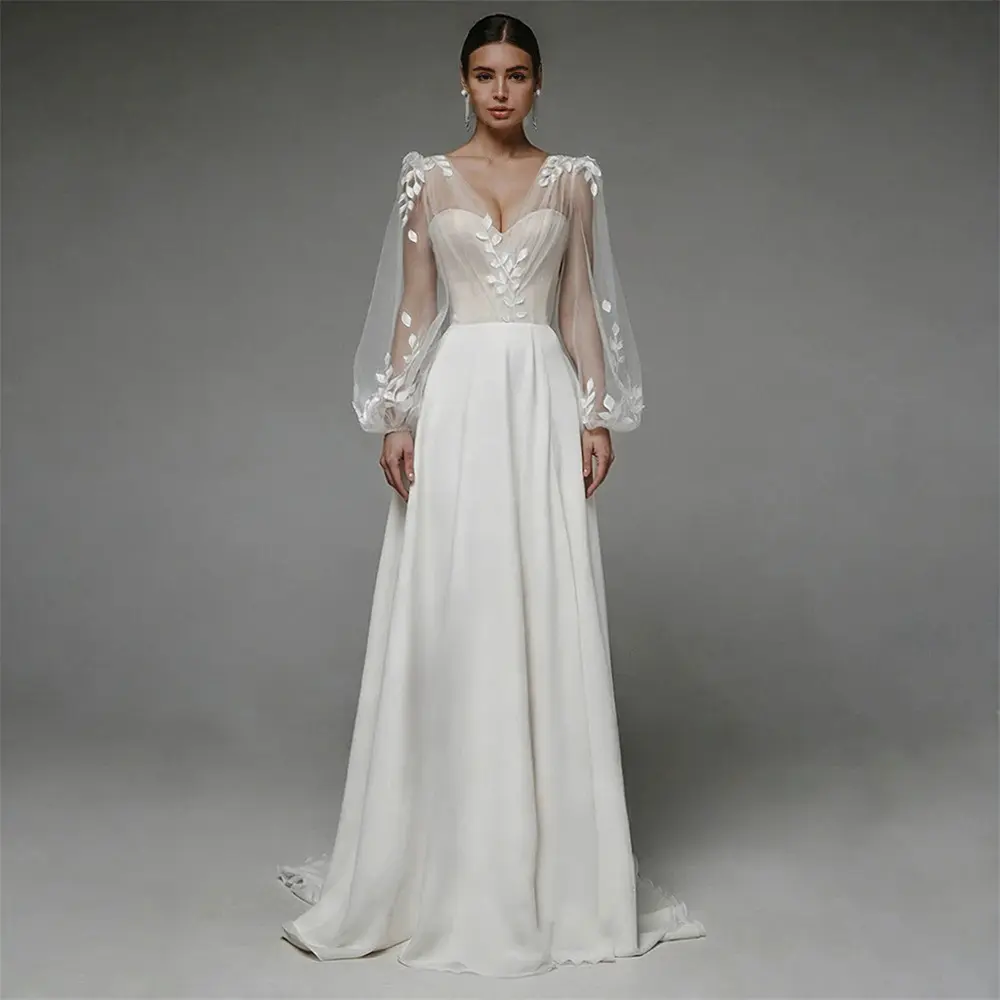 V-neck Sheer Bubble Long-sleeve Three-dimensional Floral Satin