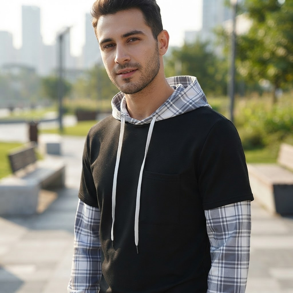 Fashionable Pullover Men's Hoodie Patchwork Fake Two-Piece Casual Top