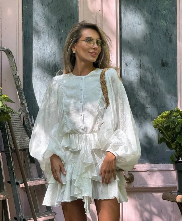 Simple Casual Style Solid Color Cascading Ruffles Lantern Long Sleeve Dress Women White - Shop at LoveMi