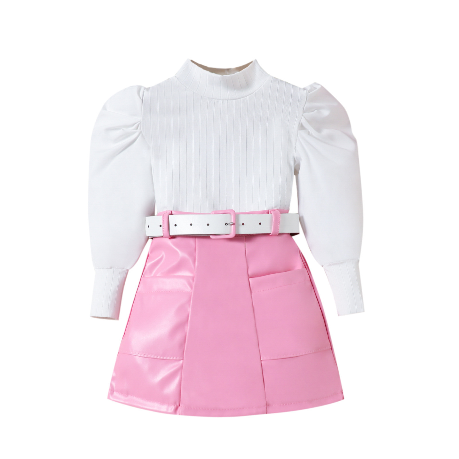 Little Girls Puff-Sleeve Top Solid-Color PU Leather Skirt And Belt Set