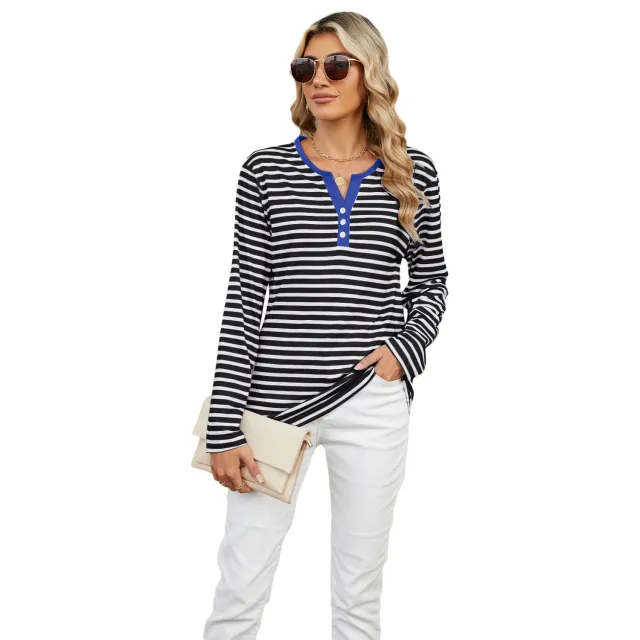 Women's V neck Striped Loose Long sleeved T shirt Top Black - Shop at LoveMi