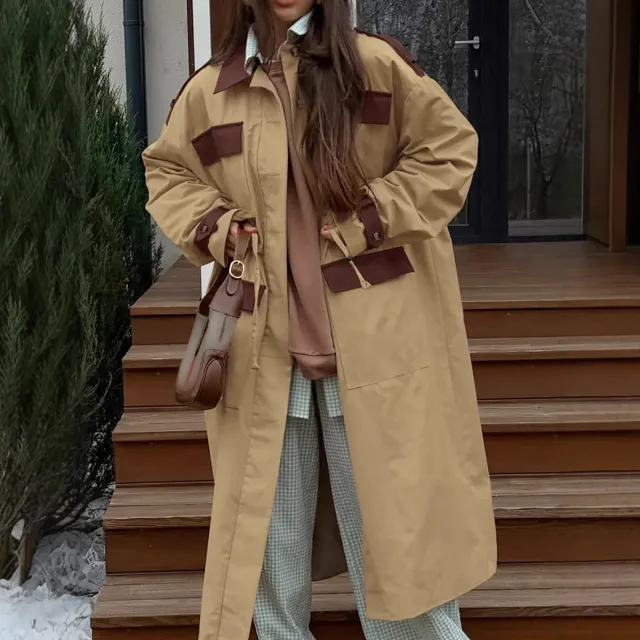 Autumn And Winter Retro Contrast Color Trench Coat For Women Khaki - Shop at LoveMi