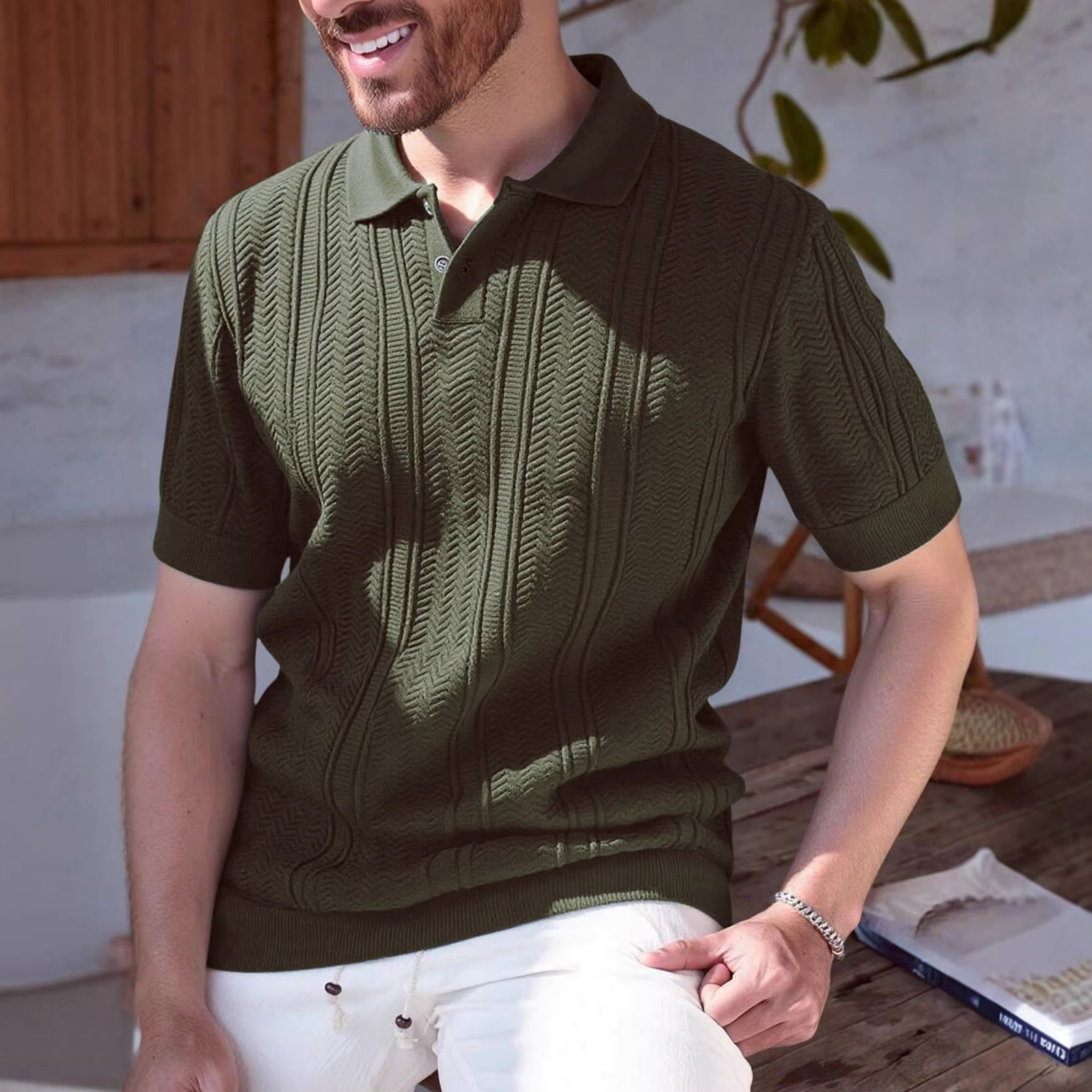 Textured Mens Dark Green Knitted Polo Shirt With A Premium Feel
