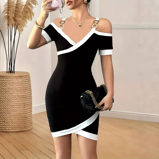 Womens Fashion V Neck Golden Buckle Slanted Stripe Dress Gold - Shop at LoveMi