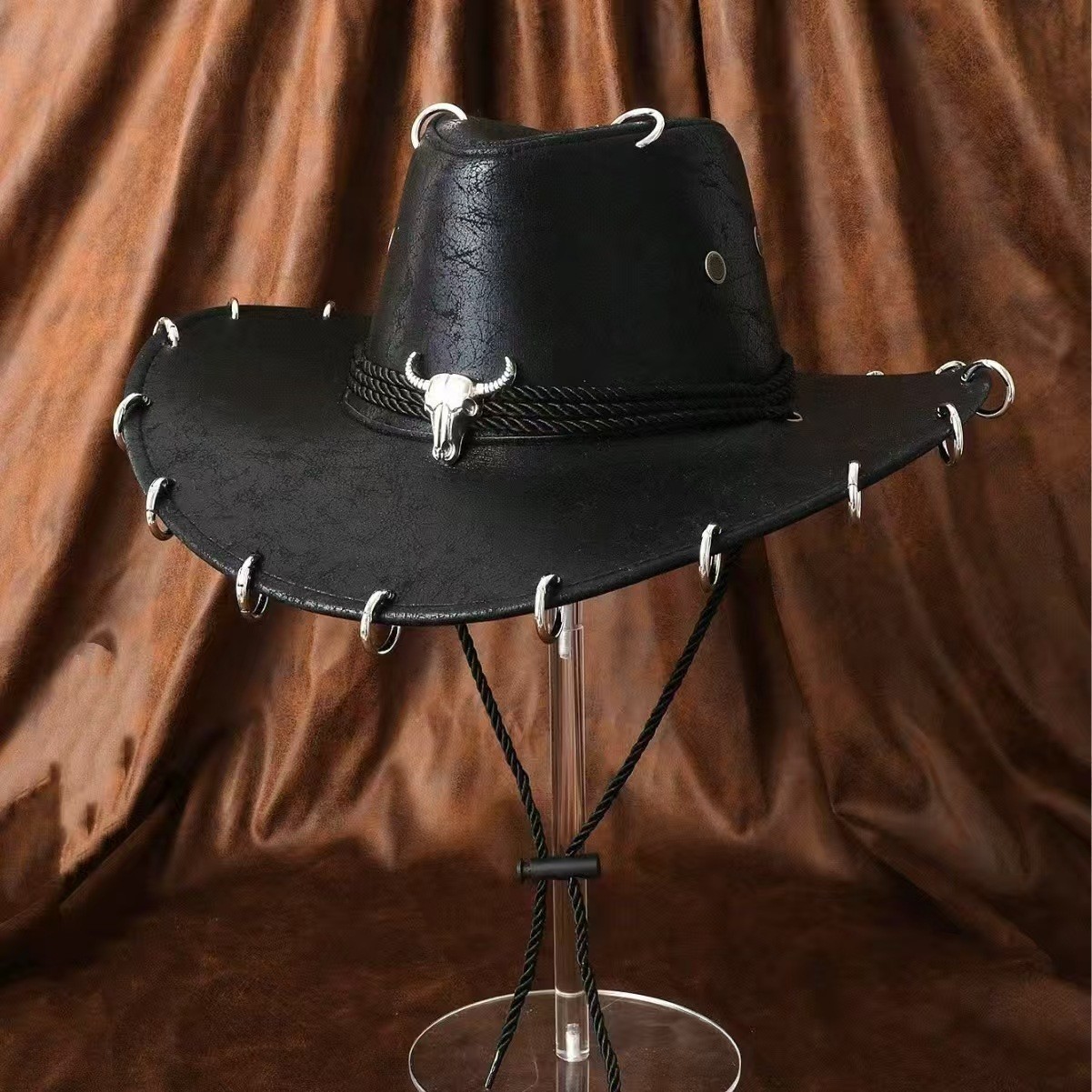 American Style Vintage Western Cowhide Head Chain Decorated Hat