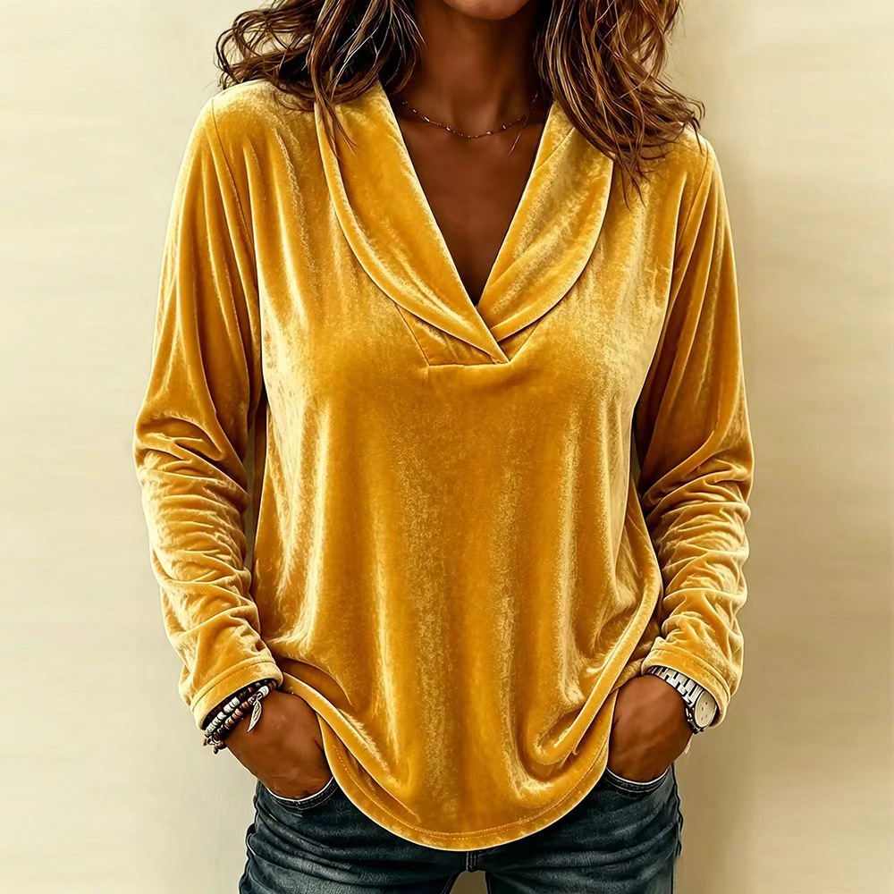 Womens Solid-color Peter-pan Collar Long-sleeve Velvet Top