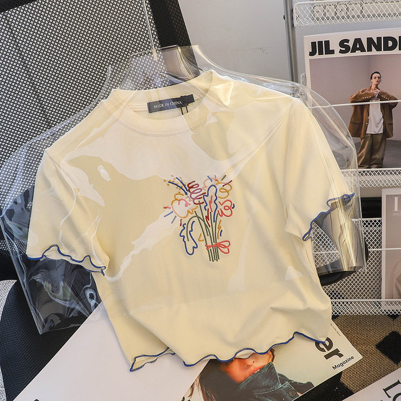 High Waist Cropped Embroidery Contrast Color Half Sleeve Top For Women