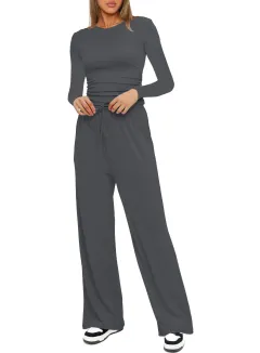 Long Sleeve Top High Waist Wide Leg Pants Suit - Grey - View 1