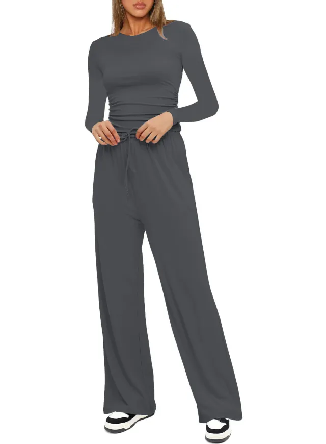 Long Sleeve Top High Waist Wide Leg Pants Suit Gray - Shop at LoveMi