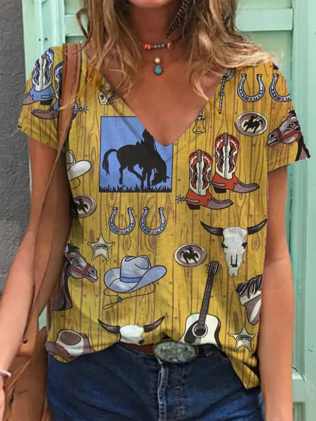 Retro Pattern 3D Printed V neck Short sleeved T shirt Women's Top 5 Style 5Xl - Shop at LoveMi