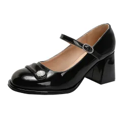 Women's Chunky Heel Round Toe Large Size Fat Feet Wide High Heels - Black - View 1