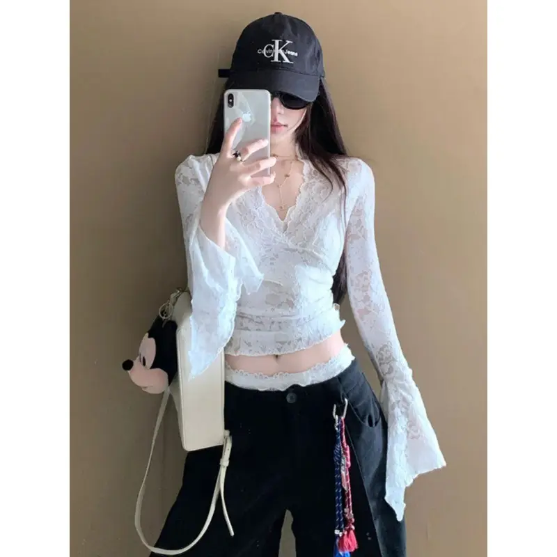 Women's V-neck Long Sleeve Lace Shirt