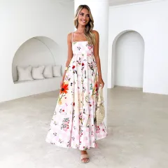 Women's Fashion Printed Backless Sling Large Swing High Waist Dress - Pink Plaid Flower - View 1