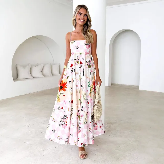 Women's Fashion Printed Backless Sling Large Swing High Waist Dress Pink Plaid Flower - Shop at LoveMi
