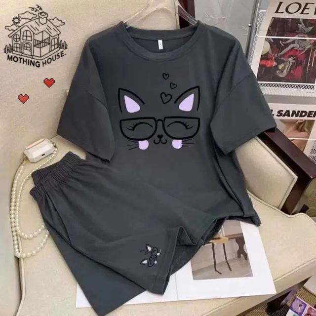 Cartoon Cute Loose Round Neck Pullover Double Short Leisure Sports Suit - Shop at LoveMi