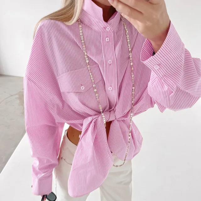 Women's Preppy Style Sweet Pink Striped Loose Outer Cotton Shirt Pink - Shop at LoveMi