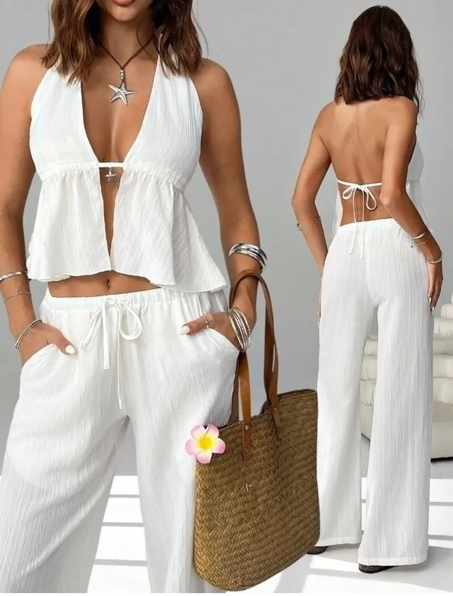 Halterneck Strap Sexy Backless Sleeveless Tank Top And Slim fit Set Tan - Shop at LoveMi