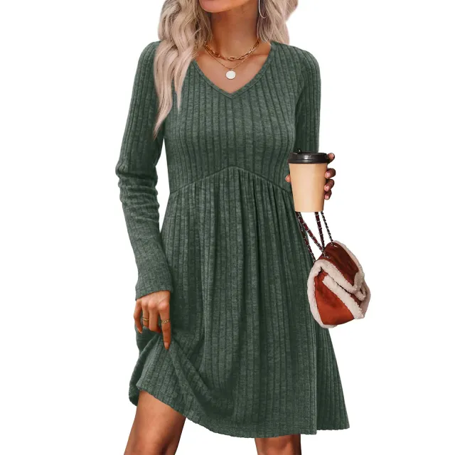 Ribbed, Brushed Back Long Sleeve Casual Pleated Pocket Dress Green - Shop at LoveMi