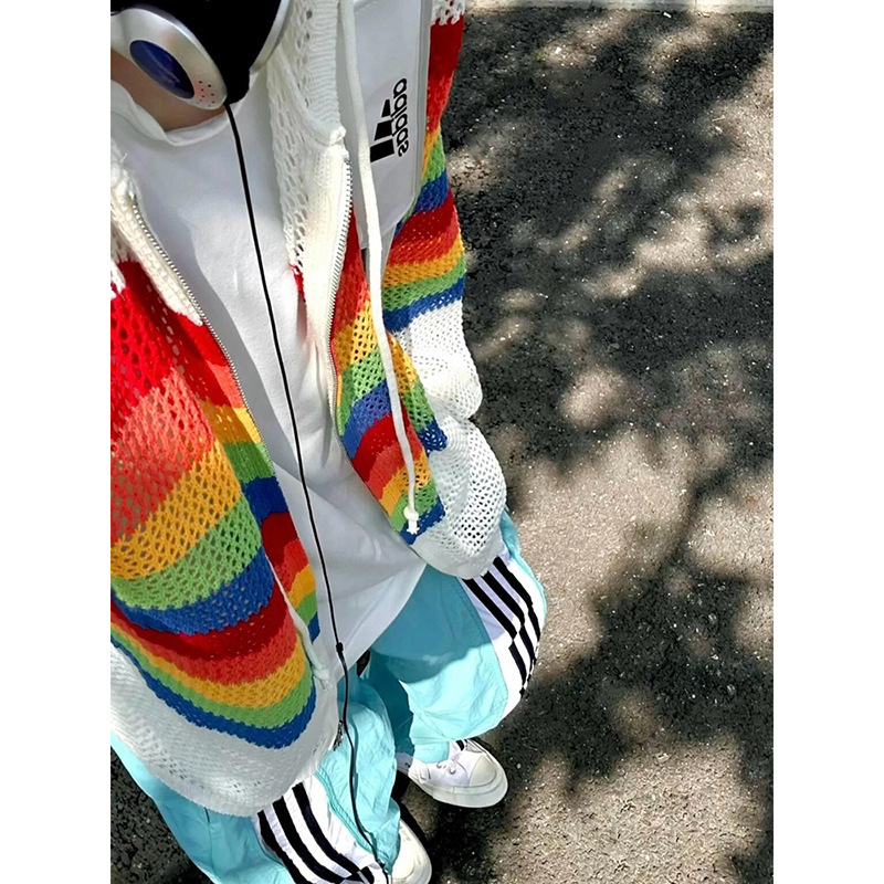 Rainbow Color Hollow Hooded Pleated Sweater Sun Protection Coat