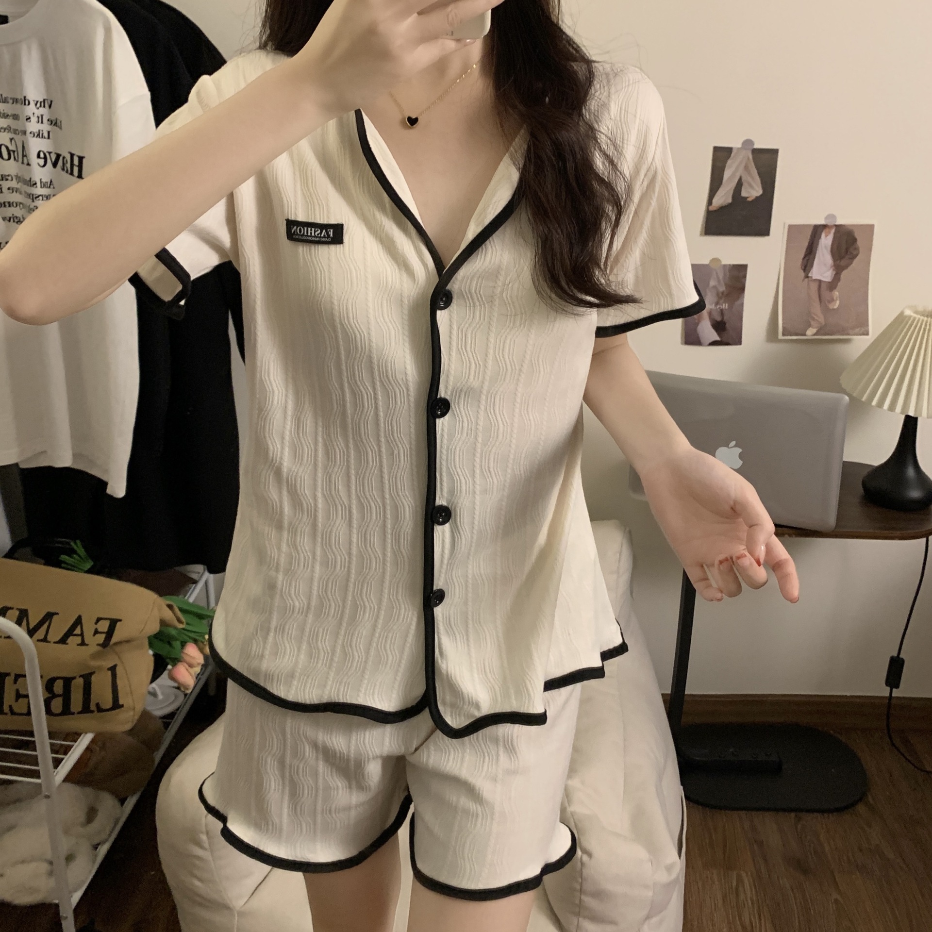 Internet Celebrity Lapel Pajamas Short Sleeve Short Belt Students Can Wear Outside