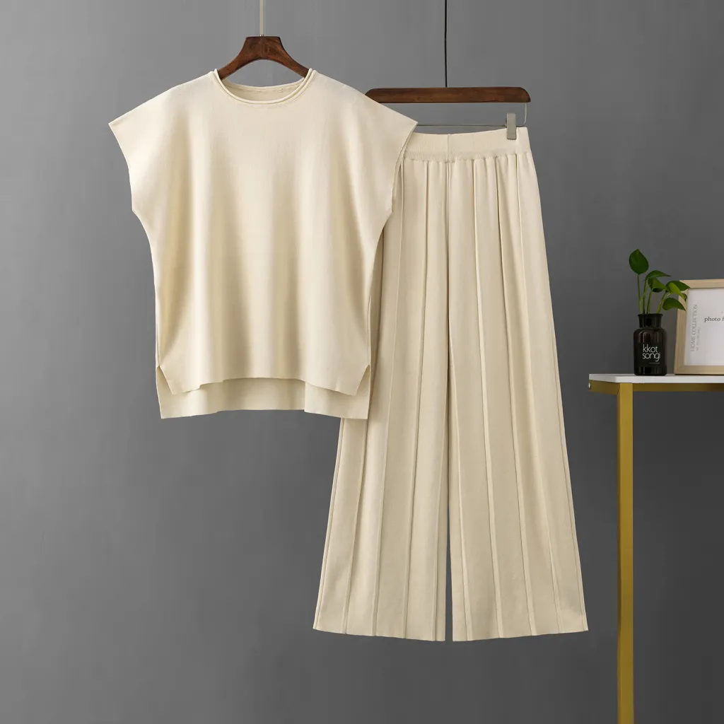 Sleeveless Vest Knit Wide-leg Pants Plus-size Ice Silk Set - Apricot