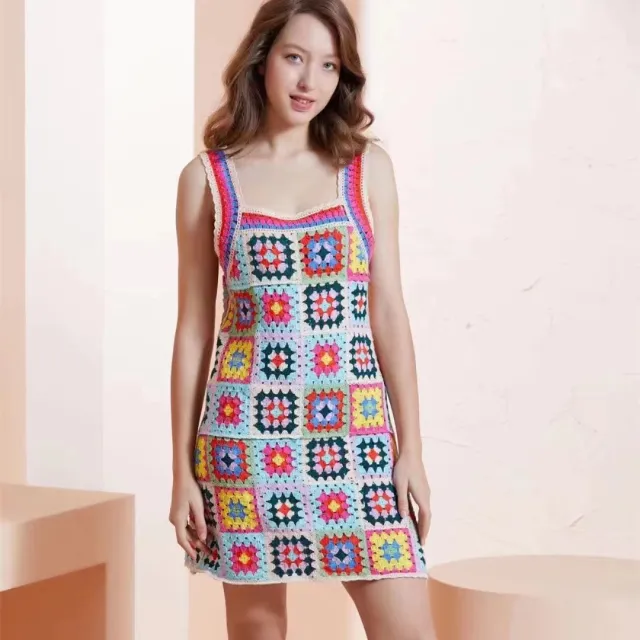 Ethnic Style Contrast Color Heavy Industry Crochet Cutout Sling Dress Pink - Shop at LoveMi