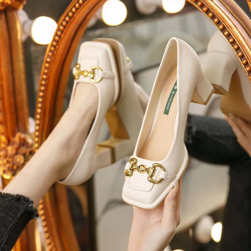 Women's French Mary Jane Chunky Heel Shoes - Beige