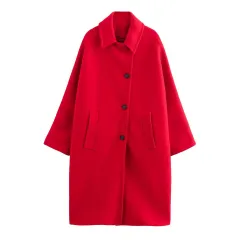 Graceful And Fashionable Lapel Long Sleeve Single-breasted Red Coat For Women - Red - View 1
