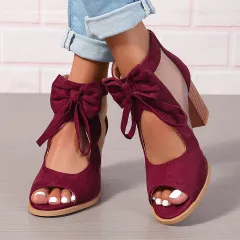 Platform Chunky High Heels Women's Sandals Bow Decoration Open Toe Block Ankle Strap Sandals For Dress Bridal Party Shoes - Wine - View 1