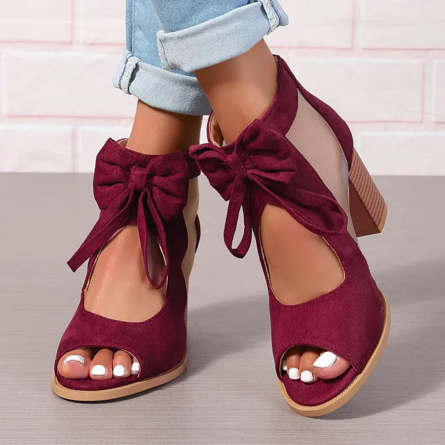 Platform Chunky High Heels Women's Sandals Bow Decoration Open Toe Block Ankle Strap Sandals For Dress Bridal Party Shoes Wine - Shop at LoveMi