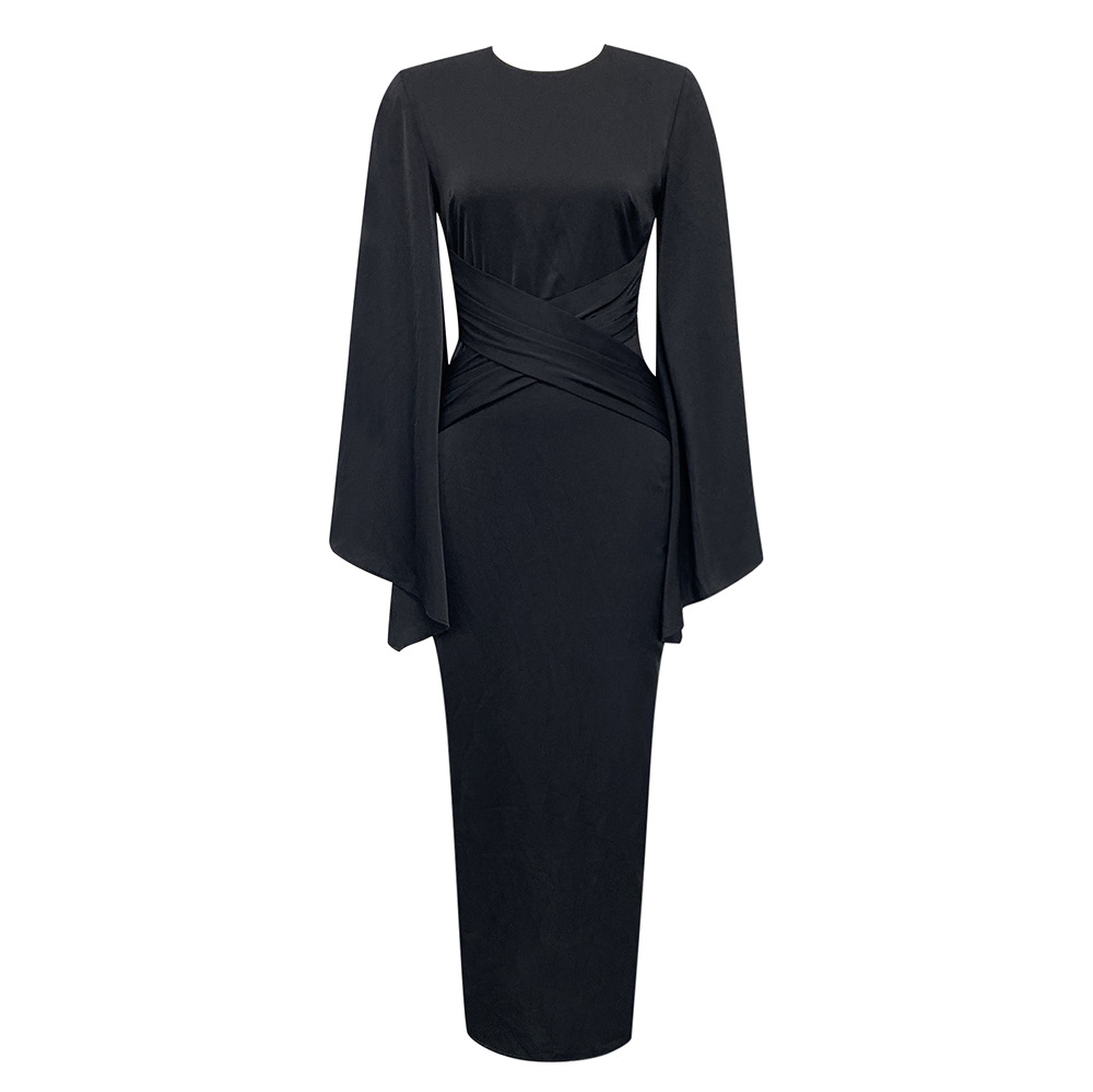 Simple Solid Color Round-neck Long-sleeved Dress