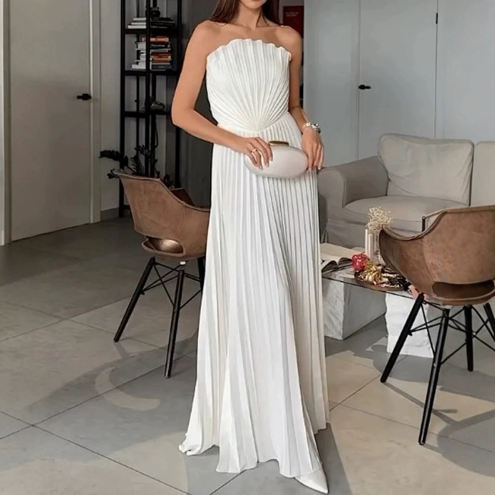 Summer Sexy Elegant Women's Solid Color Folding Swing Party Pleated Temperament Pure Color Jumpsuit White - Shop at LoveMi