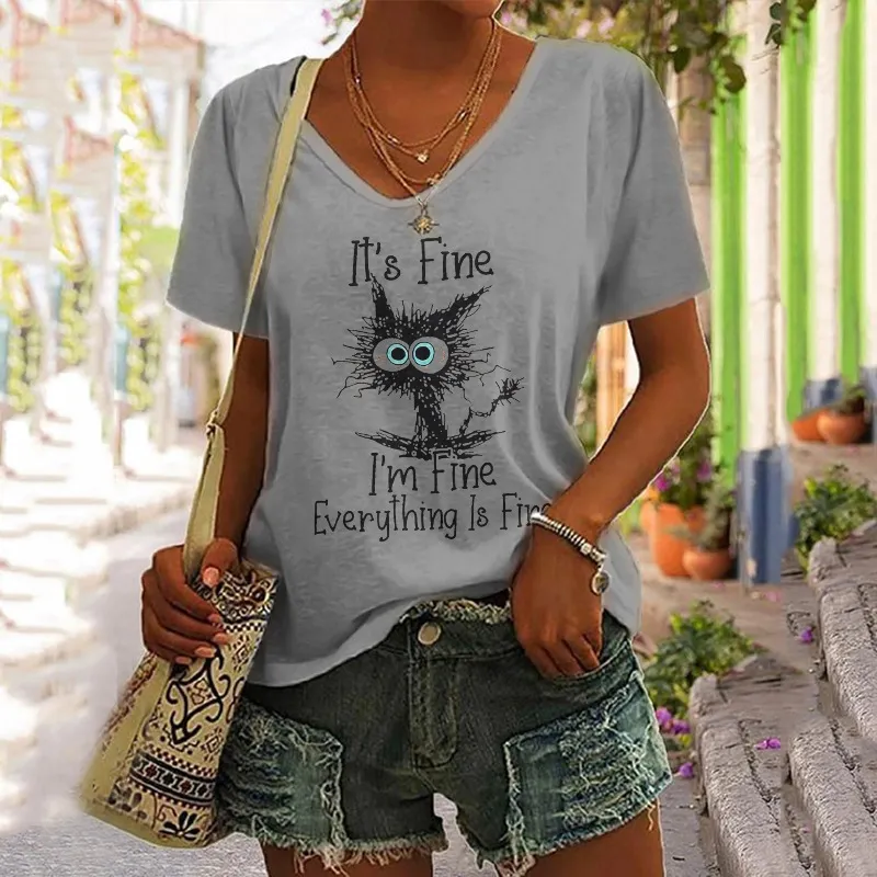 European And American Women's Clothing New Top Loose V-neck Digital Printed Short Sleeve T-shirt - Grey