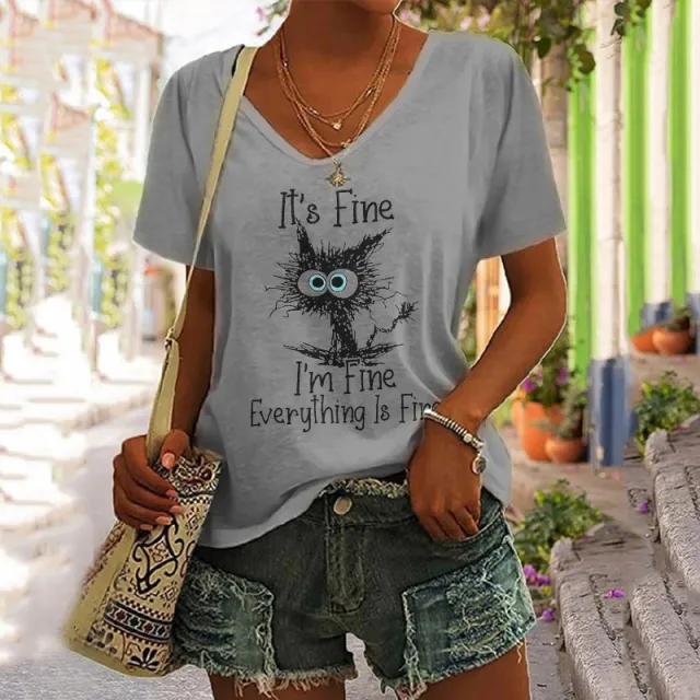 European And American Women's Clothing New Top Loose V neck Digital Printed Short Sleeve T shirt Grey - Shop at LoveMi