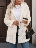 Hooded Solid-Color Cardigan With Buttons, Long-Sleeve Casual Jacket view 11