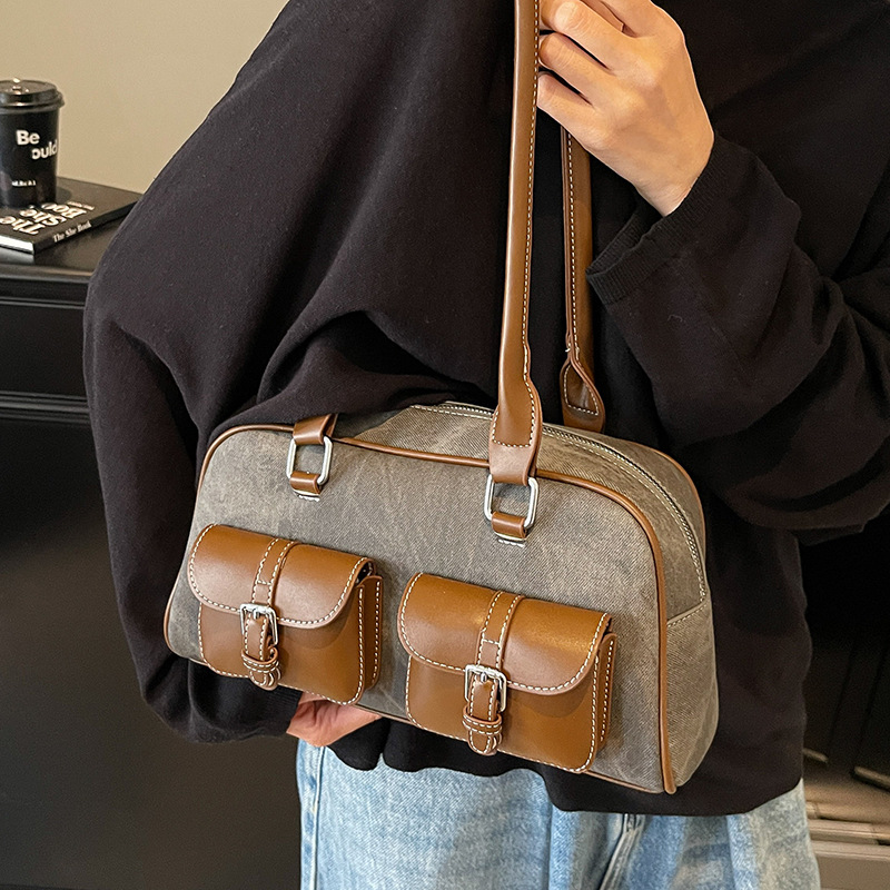 Retro Niche Color-block Commuter Handbag With A Chic Boston-style Underarm Design