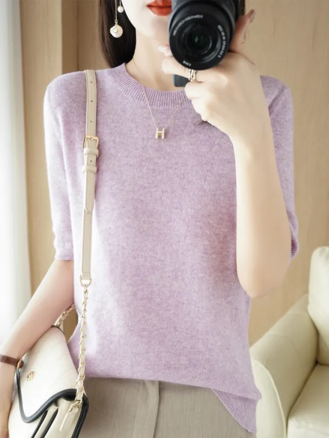 Knitted Short Sleeve Loose T shirt Inner Wear Sweater Non cashmere Bottoming Shirt Pink Purple - Shop at LoveMi