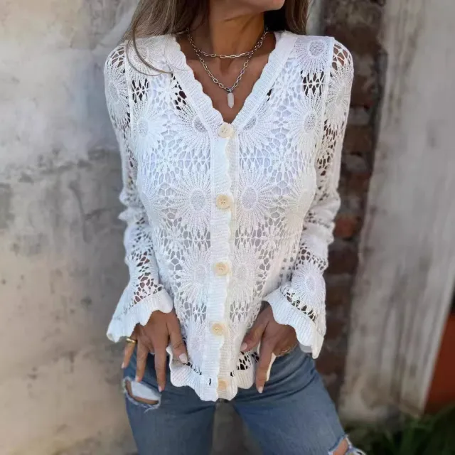 Women's Lace V neck Long Sleeve Top White - Shop at LoveMi