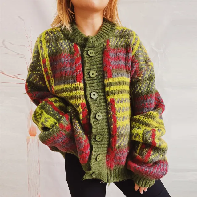 Women's Fashion Casual Contrast Color Striped Single breasted Sweater Green - Shop at LoveMi