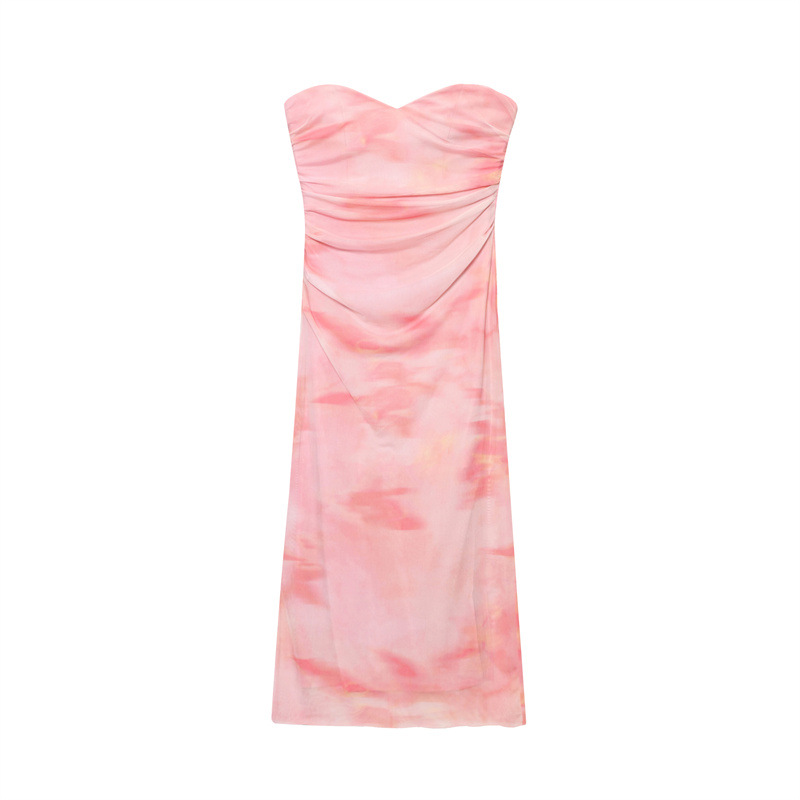 New Summer Ethnic Print Floral Silk Net Tube Top Dress Pink - Shop at LoveMi