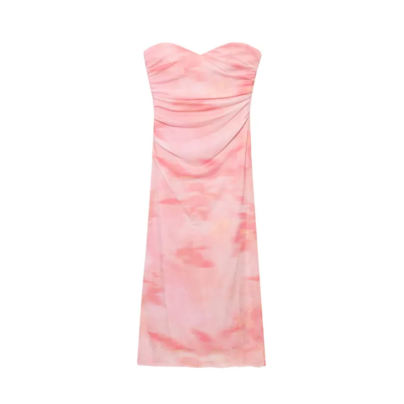 New Summer Ethnic Print Floral Silk Net Tube Top Dress - Pink
