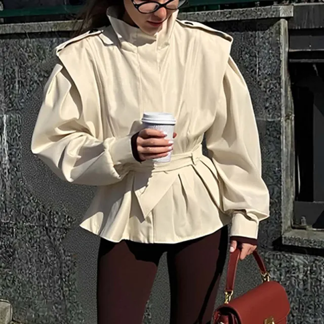 Women's Vintage Stand Collar Loose Long Sleeve Trench Coat Short Jacket Beige - Shop at LoveMi