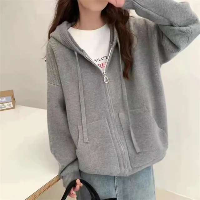 Women's Zipper Hooded Thick Knitted Cardigan Gray - Shop at LoveMi