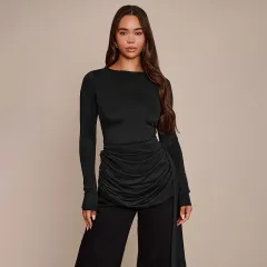 Crew-neck Solid-color Slim-fit Drapey Long-sleeve Top - Black - View 1