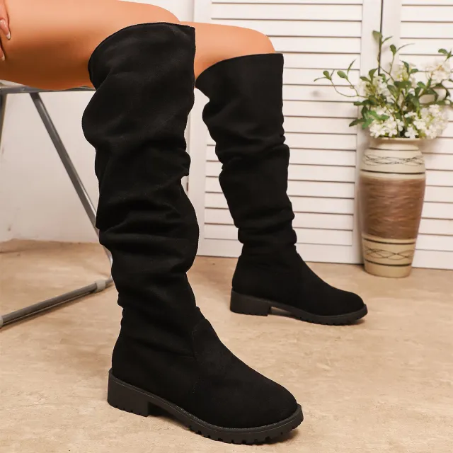 Fleece lined Winter Low heel Slip on Over the knee Boots For Women Black - Shop at LoveMi